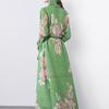Spring Autumn Women Print Long Maxi Elastic Lace-up Coat Robe