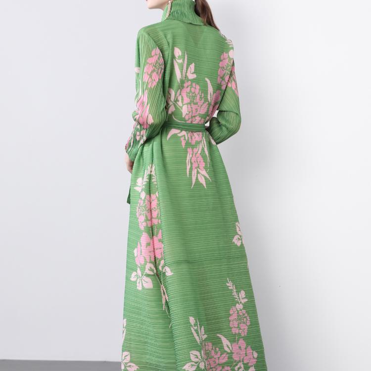 Spring Autumn Women Print Long Maxi Elastic Lace-up Coat Robe