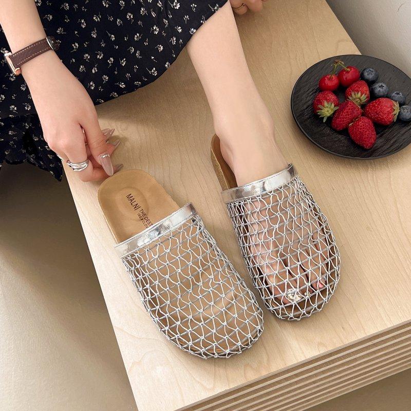 Fashion Slippers Women Summer Cover Toe Slides Female Shoes Fretwork Heels 2025 Soft Mesh Fabric Female Shoes Cover Toe Slippers Soft Sl