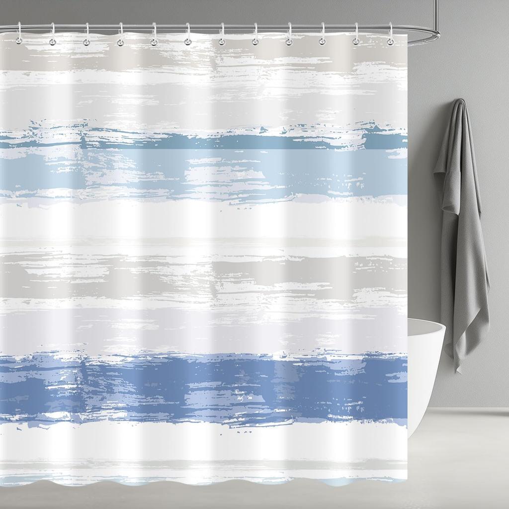 Blau und Grau Gestreifter Duschvorhang, Abstrakt Modern Minimalistisch Ästhetisch Geometrisch Hotel Badezimmer Dekor Stoff Hellblau Weiß
