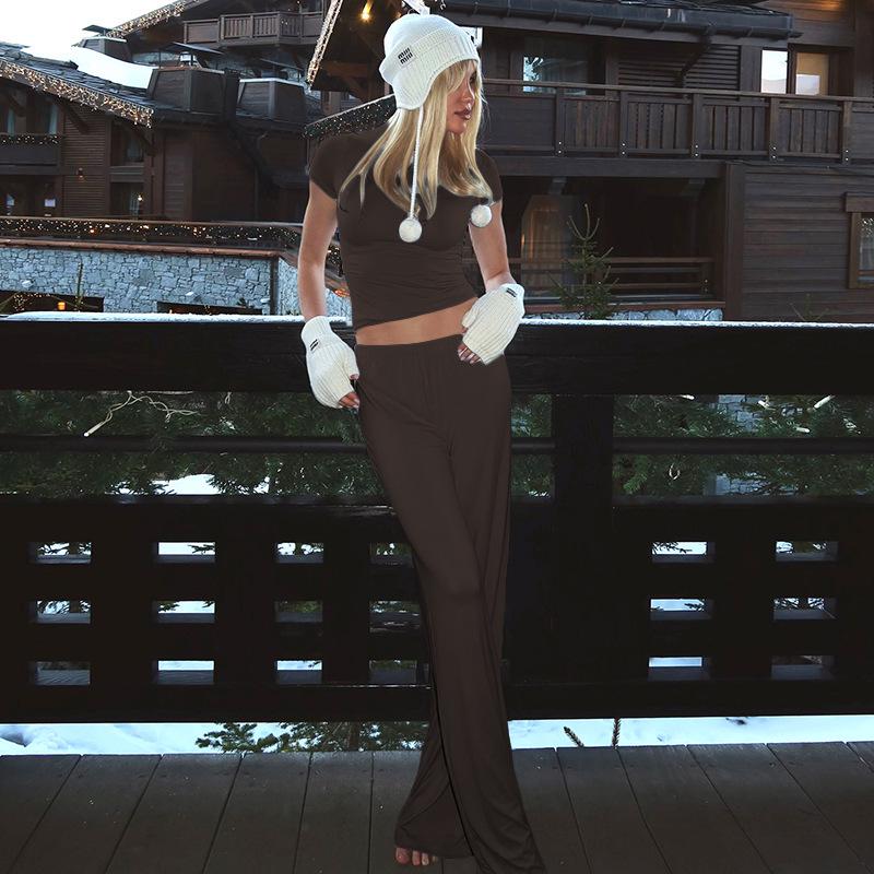 Y24ST593 Women's Casual Solid Color Round Neck Long Sleeve Top and Wide Leg Pants Set for Spring and Autumn