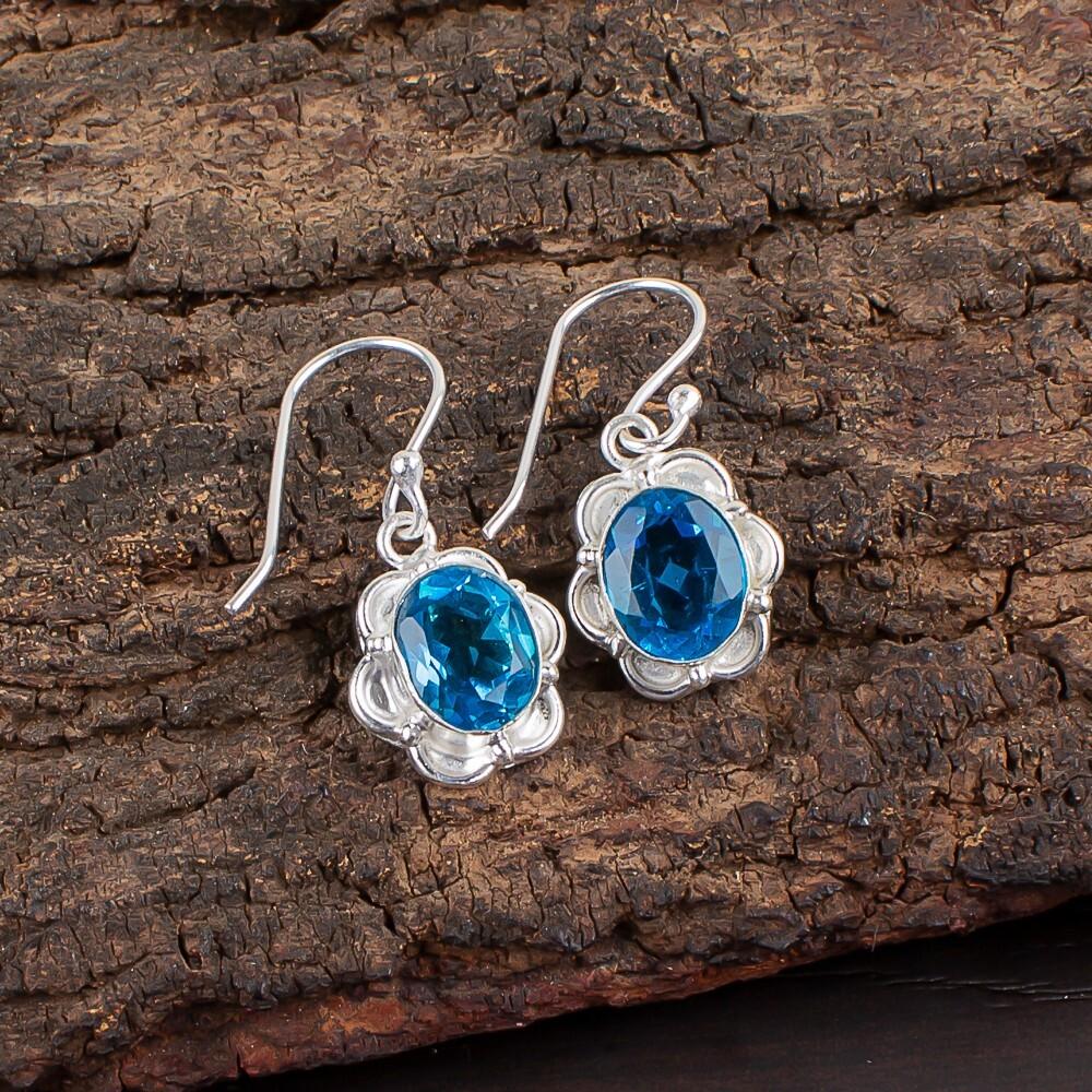 Natural Swiss Blue Topaz Gemstone 925 Sterling Silver Handmade Earrings 1.30" EE-11-1