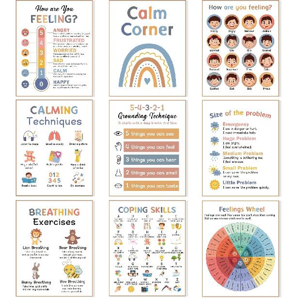 9 Calming Corner Posters Classroom, Calm Down Corner Feelings Chart for Kids, Mental Health Posters, Classroom Educational Poster Emotions Chart