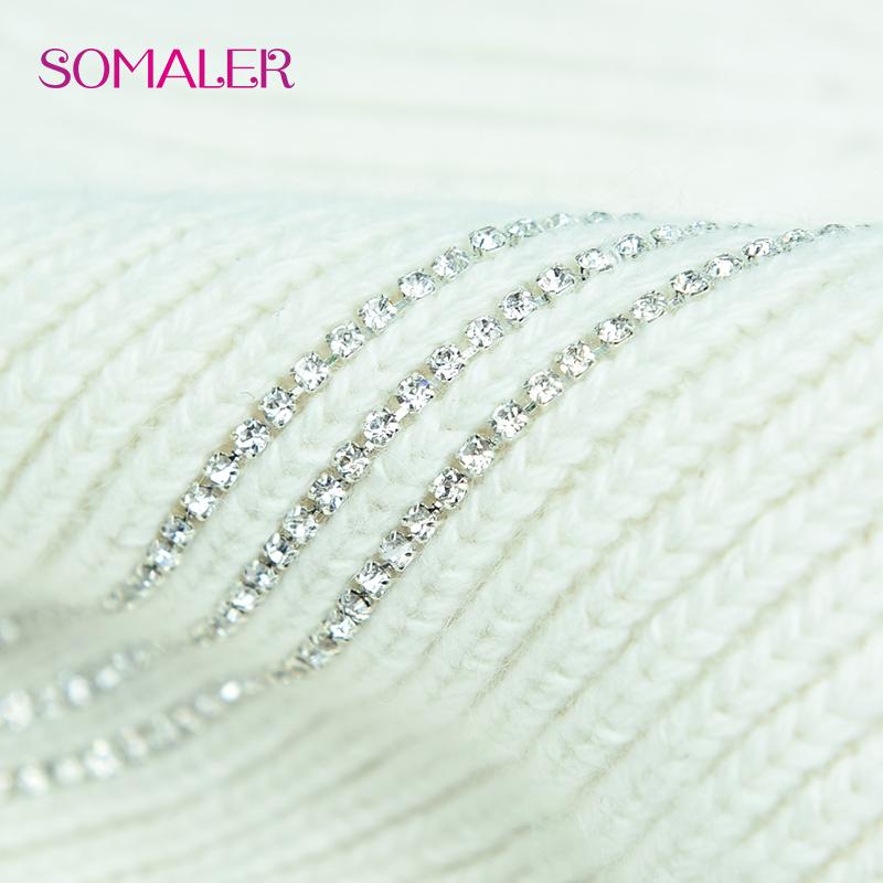 SOMALER Women Winter Fur Pom Pom Hat Wool Knit Beanie Hat With Rhinestone Warm Double Layer Luxury Fur Bobble Outdoor Cap