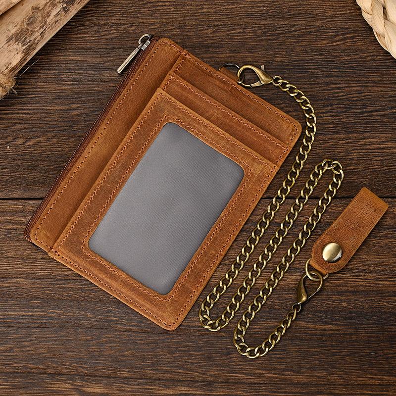 Genuine Leather Card Purse Men Women ID Credit Zipper Mini Coin Purse Wallet With iron Key Chains Men's Small Wallet For Tickets