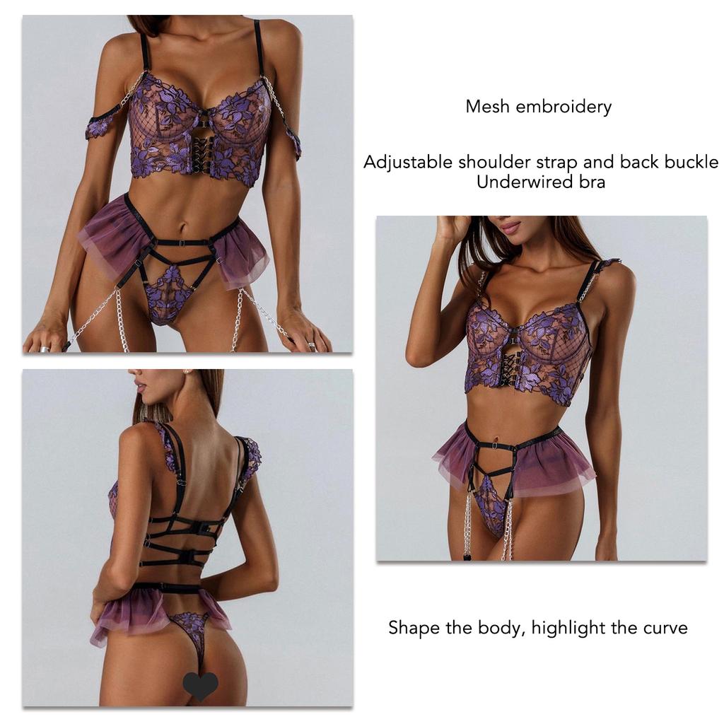 Embroidery Color Block Lingerie Set Women Mesh Underwire Bra Panty Garter Belt Set for Wedding Night Purple S