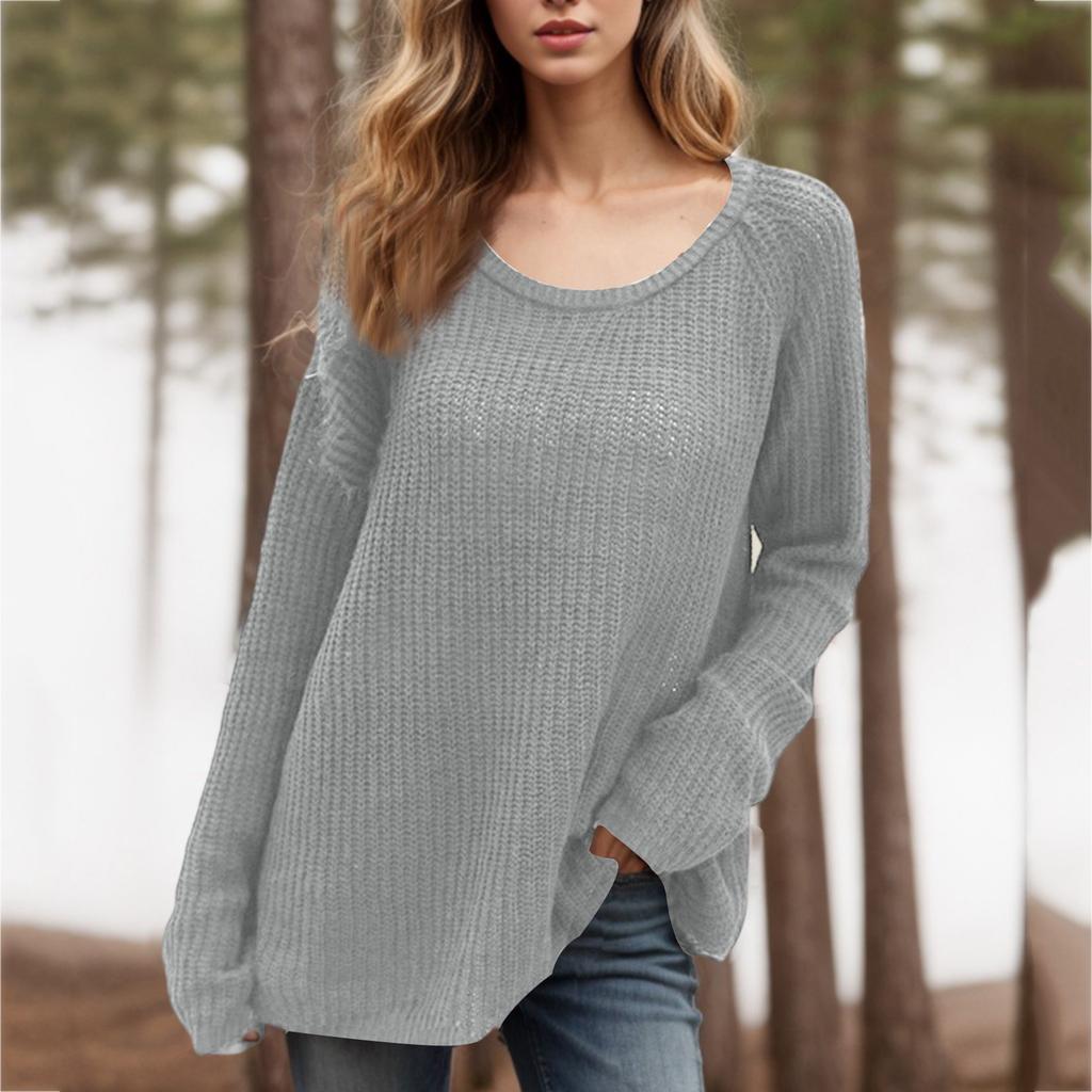 Women's Fashion Loose Lazy Style Round Neck Solid Color Long Sleeve Knitted Sweater