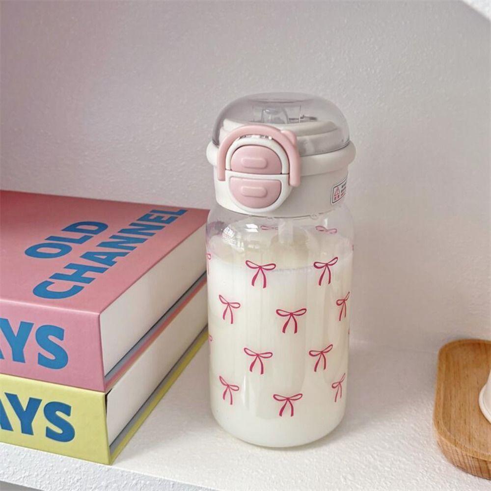500ml Capacity Water Cup Pink Bow Printing Sippy Cup Portable Straw Water Bottle  Gifts