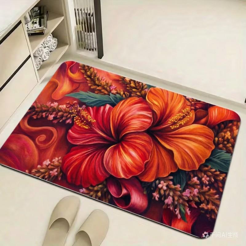 Purple Hibiscus Welcome Doormat Lavender Floral Pattern Floor Rug Indoor Outdoor Entrance Carpet for Living Room Bedroom Decor