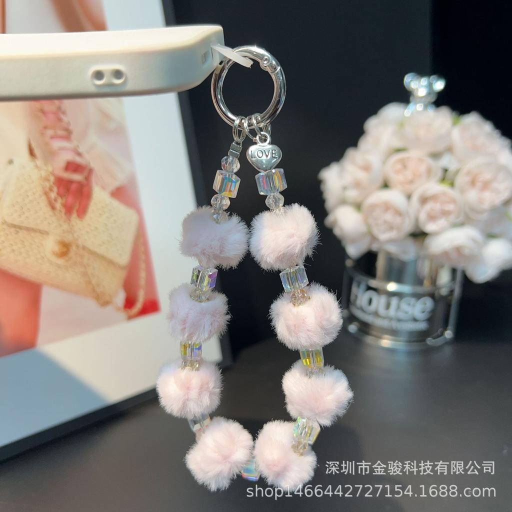 Crystal Pom-Pom Autumn Winter Phone Chain Keychain Plush Beaded Bracelet Bag Pendant Small Gift Phone Strap Wholesale