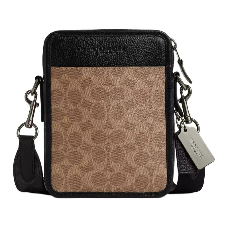 

COACH Sullivan 16 Zip Closure Branded Charm Coated Canvas Crossbody Shoulder Bag Mini Men s Tan and Black чорний