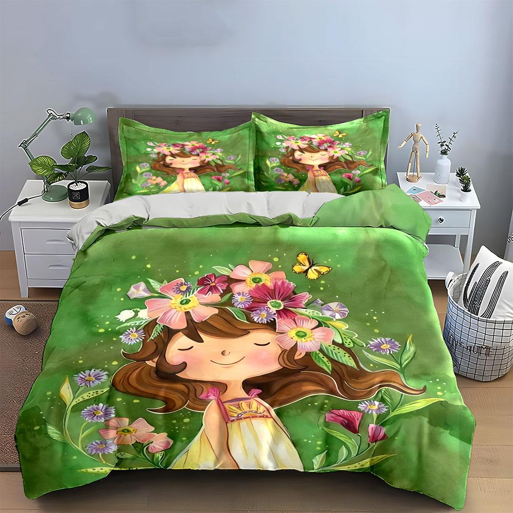 Floral Girl Art Decoration Set Soft Comfortable Duvet Cover Bedding Set Included 1*Duvet Cover & 2*Pillowcases, Gift