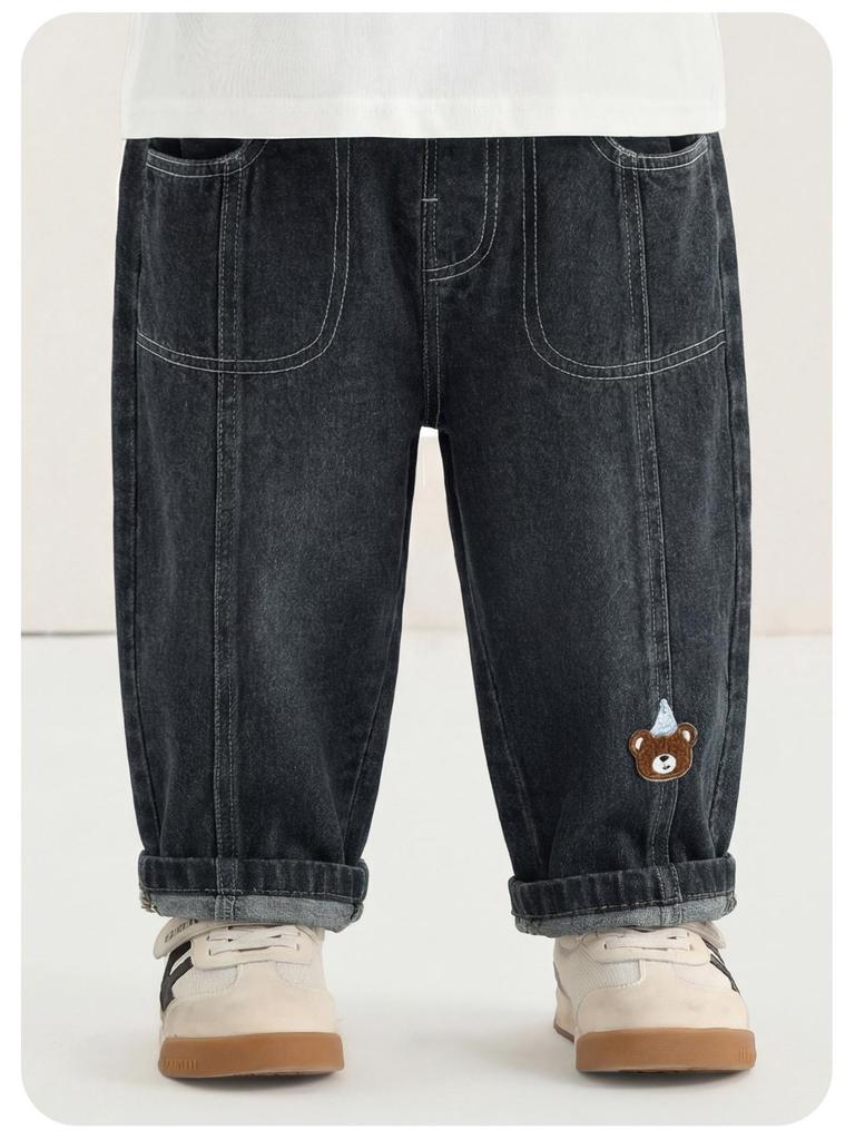 Kaka Panda Kids' Spring Jeans: Trendy Long Pants for Boys & Girls, Ideal for Toddlers in Spring & Autumn.