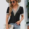 Casual Elegant Lace Shirts Fashion Summer Short Sleeve T-shirt Woman Tops Hollow V-neck Blouse Women Solid Color Blusas 25814