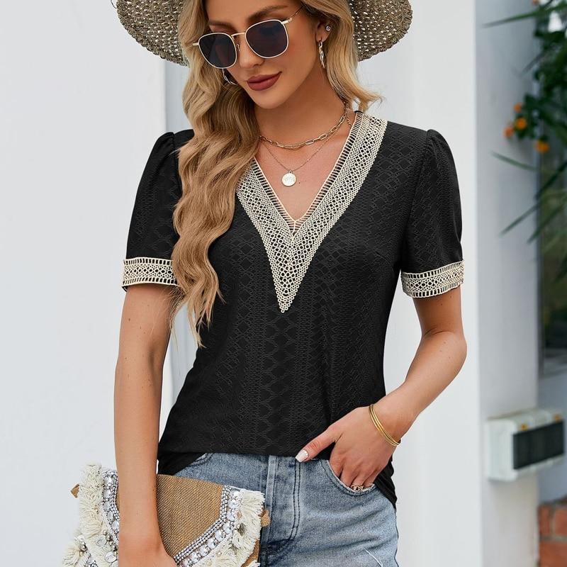 Casual Elegant Lace Shirts Fashion Summer Short Sleeve T-shirt Woman Tops Hollow V-neck Blouse Women Solid Color Blusas 25814