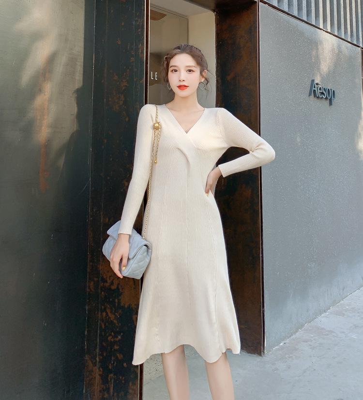 Solid Color Maternity Sweater Dress - Knit Core-Spun Yarn for Autumn/Winter