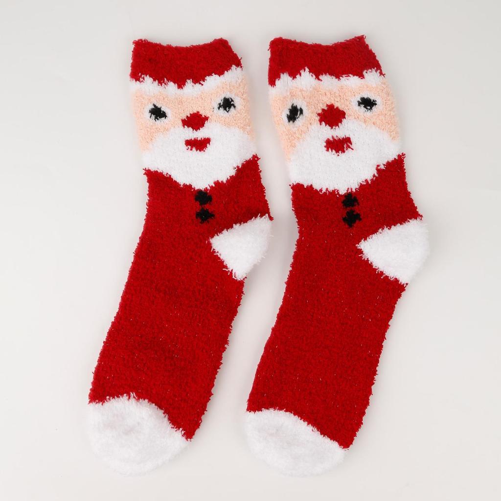 Women's Christmas Socks - Elk & Santa Design, Thick Coral Fleece, Floor Socks