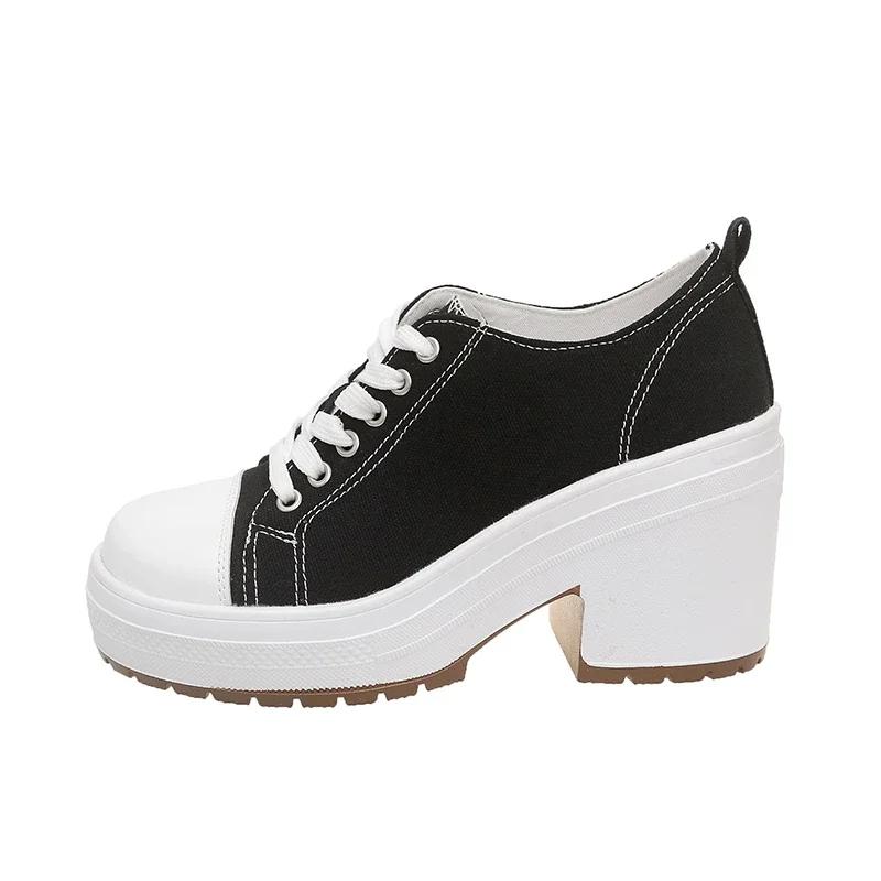 

Модная женская обувь 2025 Холщовые туфли на шнуровке Женские туфли на высоком каблуке Брендовые повседневные туфли Женские туфли с круглым носком на шнуровке Большого размера Обувь на массивном каблуке Женская 42 чёрный