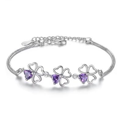 Beliebte Marken 925 Sterling Silber Lila Kristall Glücksklee Armbänder für Frauen Mode Party Hochzeit Schmuck Länge 17 CM + 4 CM