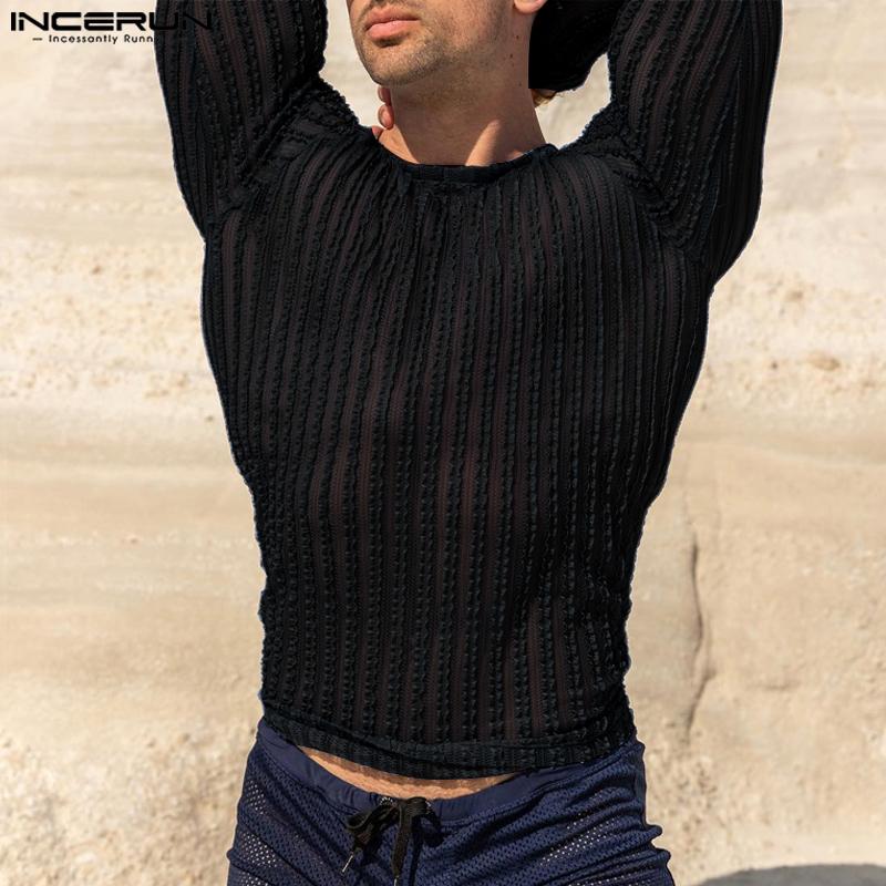 

INCERUN Men Round Neck Long Sleeve See Through Knitted Tops