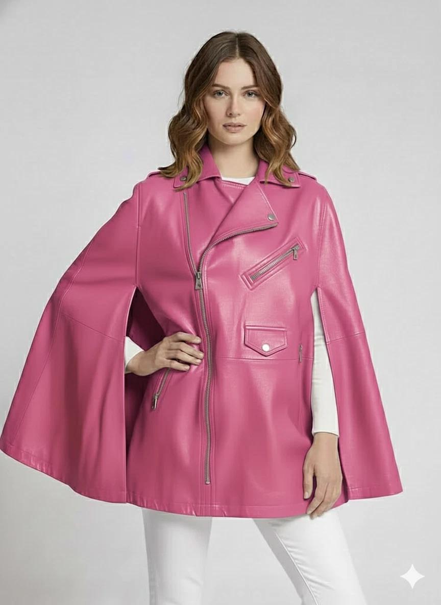 

Розовое пончо-куртка уникального стиля байкер женское из натуральной кожи повседневная одежда из овчины 3XL розовый