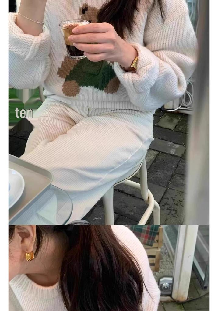 Korean Dongdaemun Cute Bear Pattern Loose Knit Sweater Coat for Women