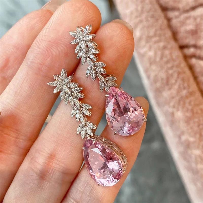 Aesthetic Women Drop Earrings Inlaid Sparkling Pink Pear CZ Elegant Party Engagement Accessories Gorgeous Trendy Jewelry