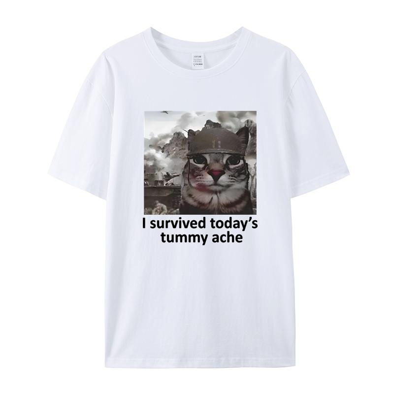 I Survived Today's Tummy Ache Short Sleeve T-shirt Men's and Women's Funny Cat Terriers Summer Trend High Quality Cotton Top