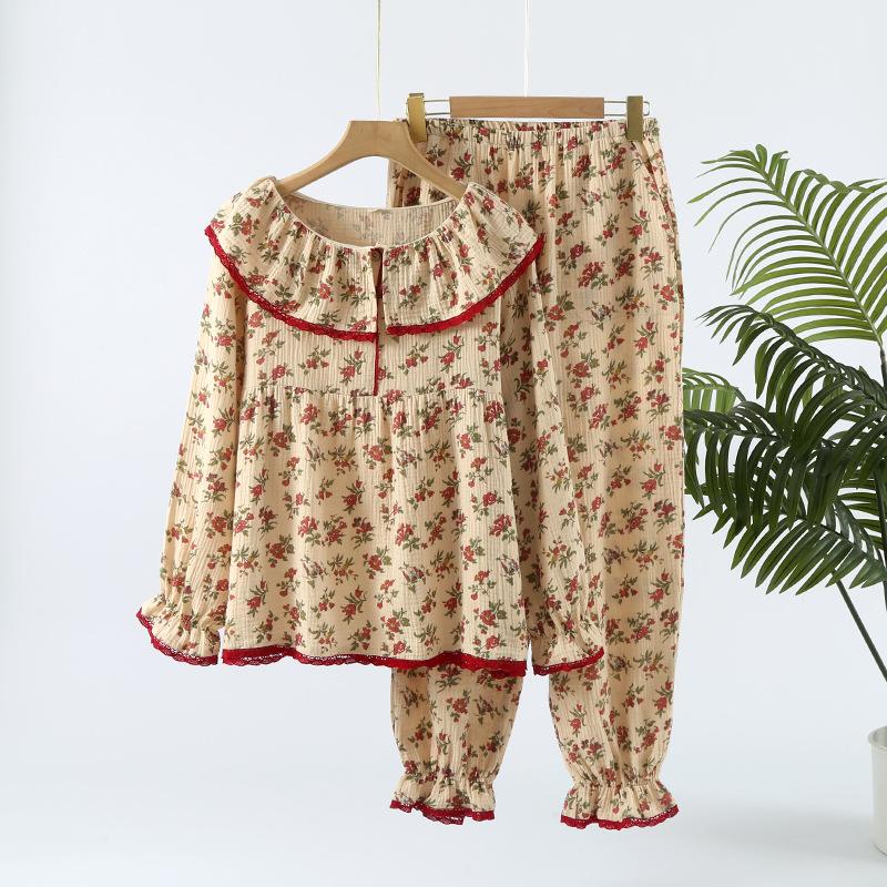 Double-layer Yarn Thin Pajamas Women's Pure Cotton Crepe Retro Sweet Doll Collar Loungewear Long-sleeved Trousers Set Spring and Autumn