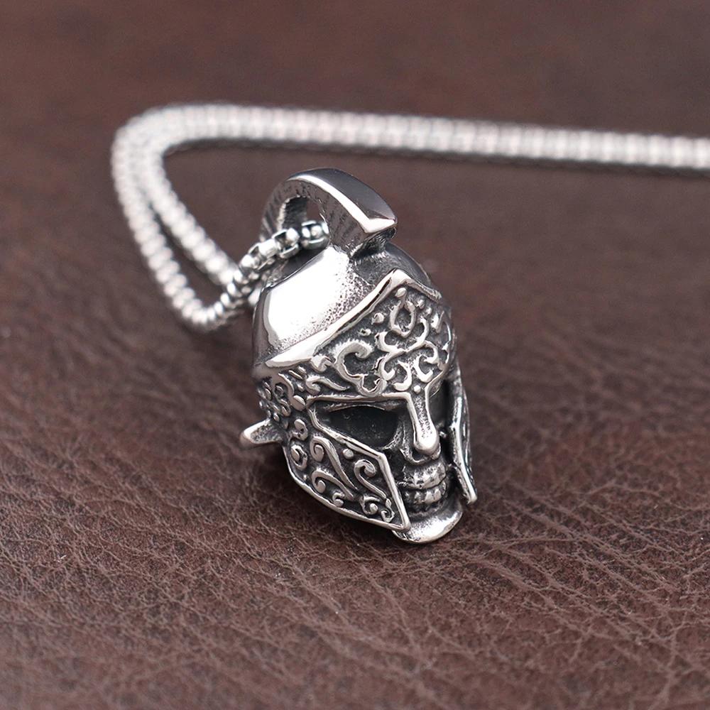 Spartan Helmet Skull Pendant Necklace Stainless Steel Gothic Punk Jewelry Halloween Gift for Men Women Adjustable Biker Chain