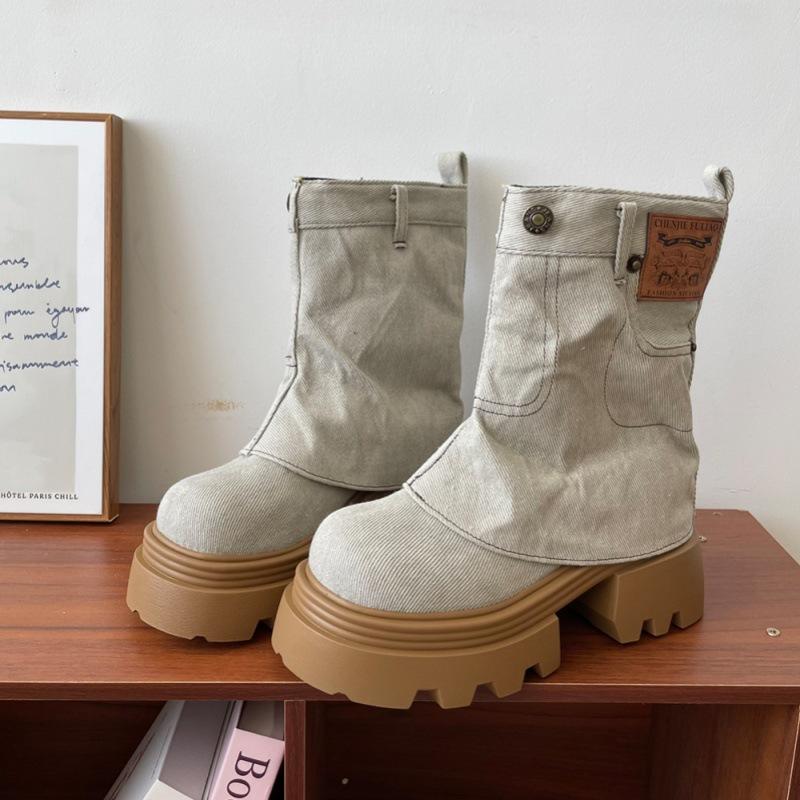 Inner Heightening Western Cowboy Boots Women's 2025 New Thick-soled Short Trouser Boots Retro Denim Old Martin Boots