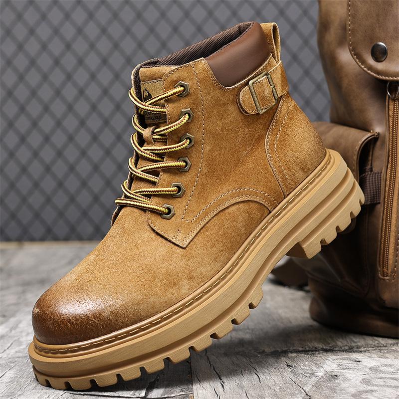 Autumn Winter Buckle Designer Platform Boots for Men New Fashion Casual Work Shoes Male Solid Color Yellow Leather Boots Man
