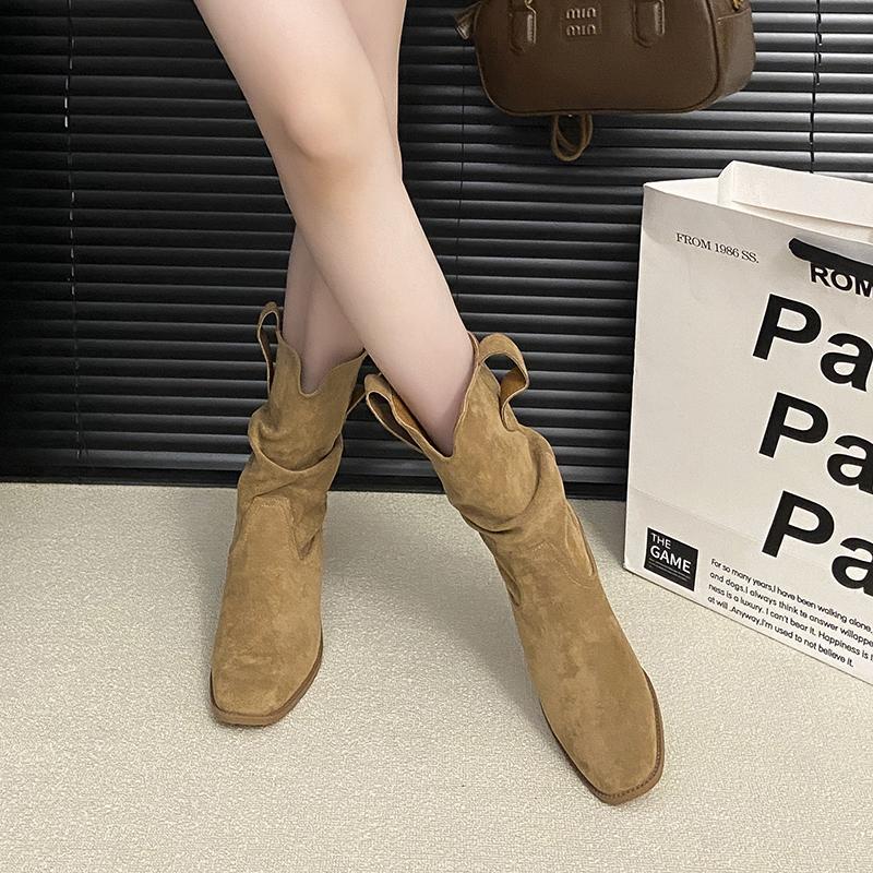 Fashion Retro Pleated Suede Long Boots for Women. 2025 Winter Fashion Chunky Stiletto Sexy Boots. Large Size Versatile Women's Boots.