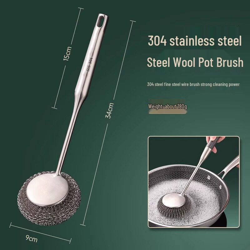 Stainless Steel Pot Brush with Long Handle - Large Steel Wool Ball for Stain Removal and Pot Scrubbing