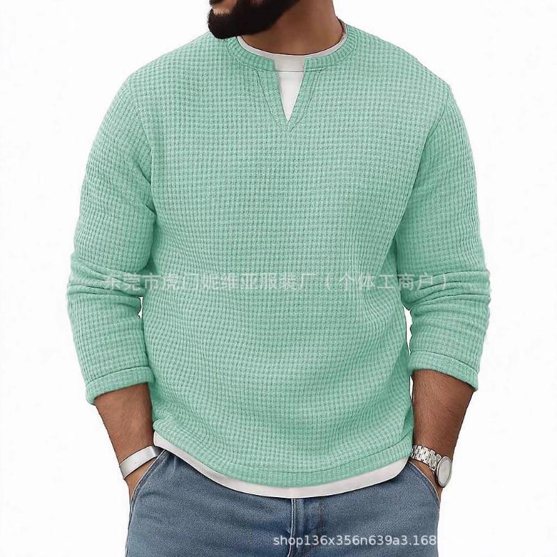 Sweatshirt Slit Henry Neck Long Sleeve Men's Fake Two-piece Contrasting Loose Pullover Spring and Autumn New Top