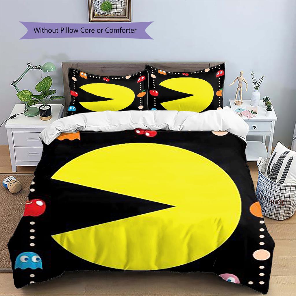 Pościel z wzorem Pac-Man, Zestaw kołdry Poszewka na kołdrę Poszewka na poduszkę Domowy prezent urodzinowy (1 * poszwa na kołdrę + 2 * poszewki na poduszki, bez rdzenia)