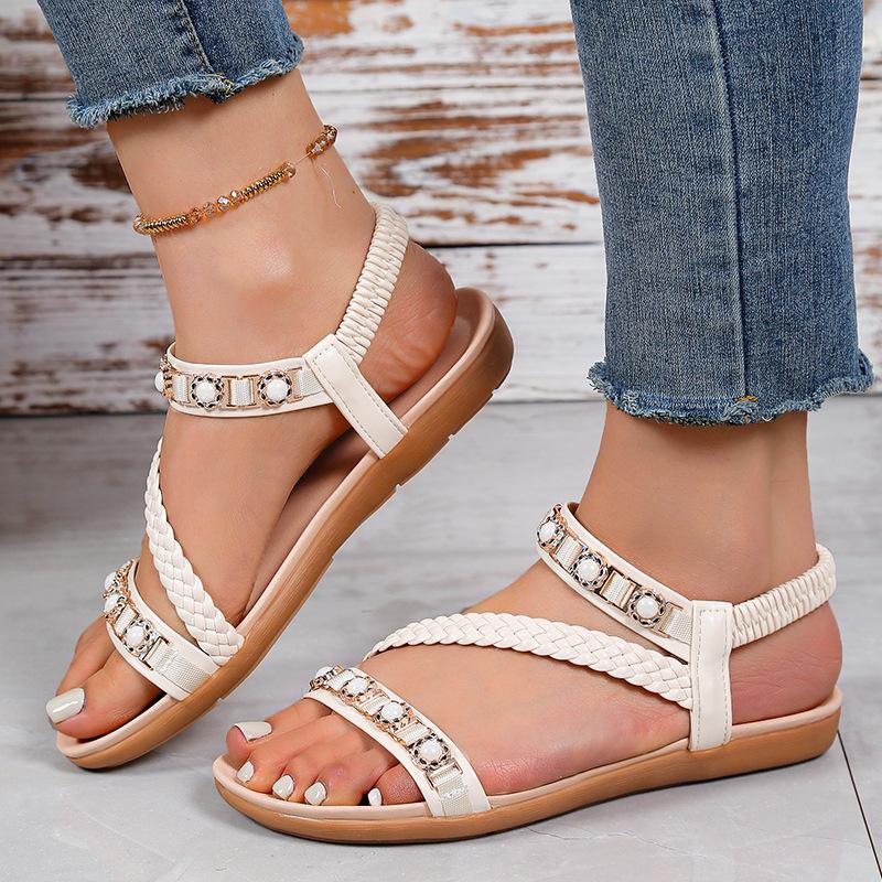 

2025 new European and American large-size flat-bottomed sandals women s woven metal buckle casual wear-resistant fashion elastic sandals 42