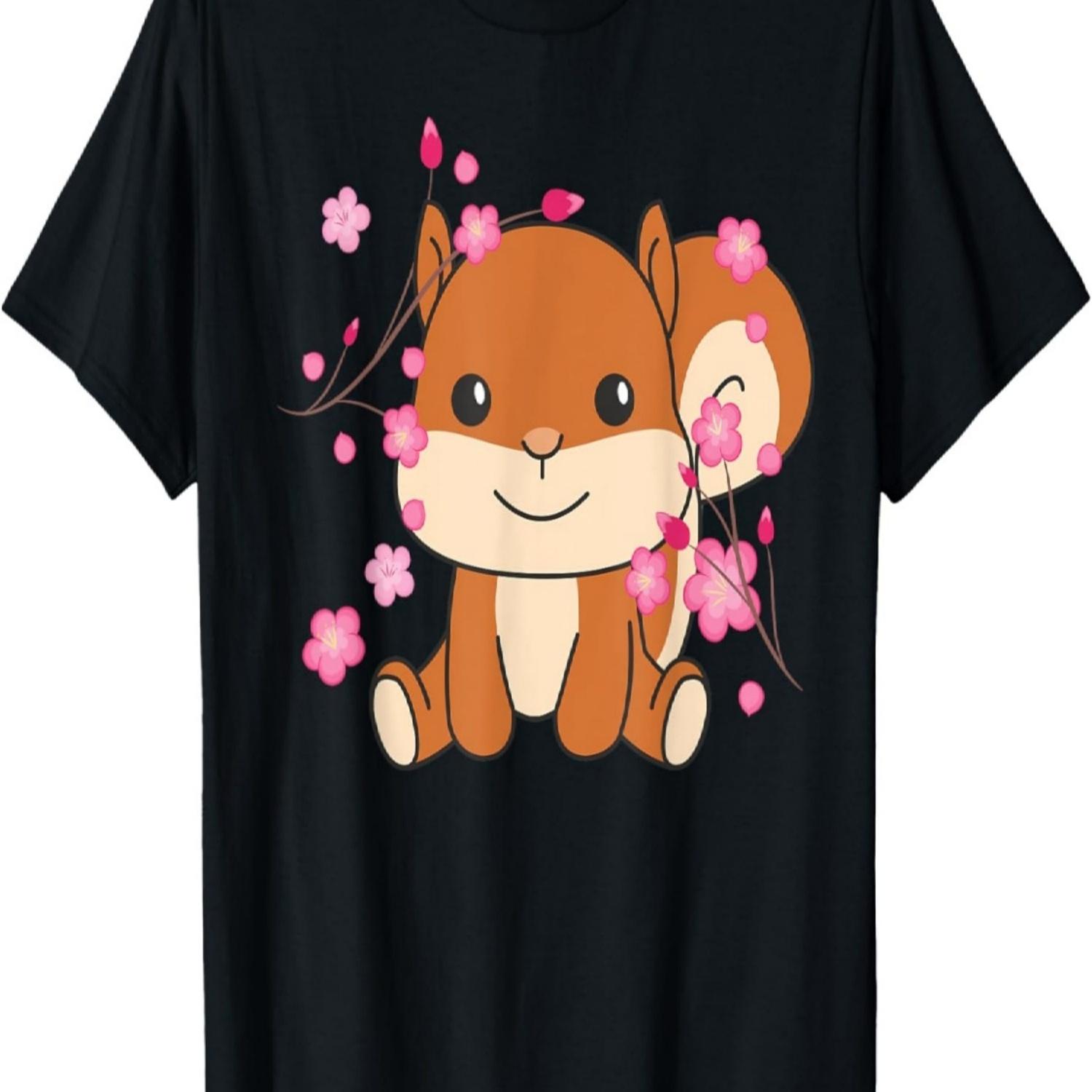 Squirrel Cute Animals For Kids Kawaii Cherry Blossoms T-Shirt S