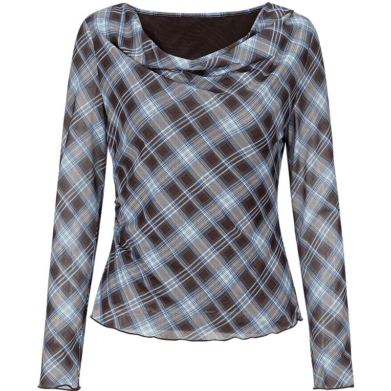 JUZI Annakou Plaid Draped Neck Pleated Waist Short Mesh Top L