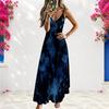 Women Plus Size Spaghetti Strap V Neck Sleeveless A Line Blue Black Printed Long Dress