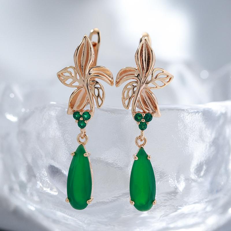 Kienl New  Rose Gold Long Earring For Women Vintage Green Natural Zircon Flower Drop Earrings Bride Wedding Jewelry