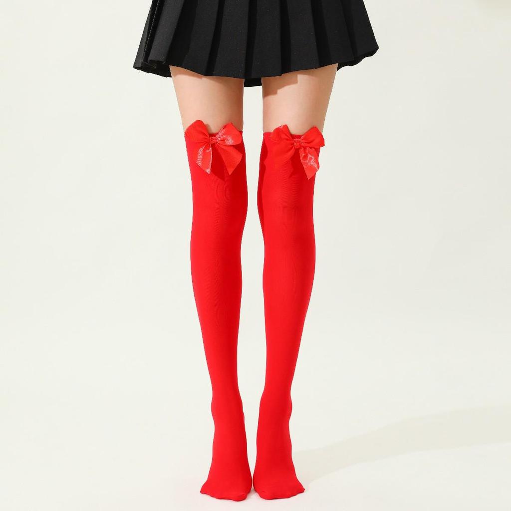 Women's Lace Trim Erotic Silk Thigh-High Stockings with Bow
