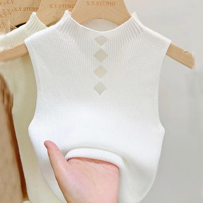 Women's Sleeveless Half High Neck Knit Camisole Lace Sweater Outer Wear Tube Top Short T-shirt