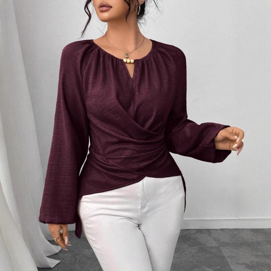 Autumn Ladies Strap-on Woven Irregular Hem Long-sleeved T-shirt