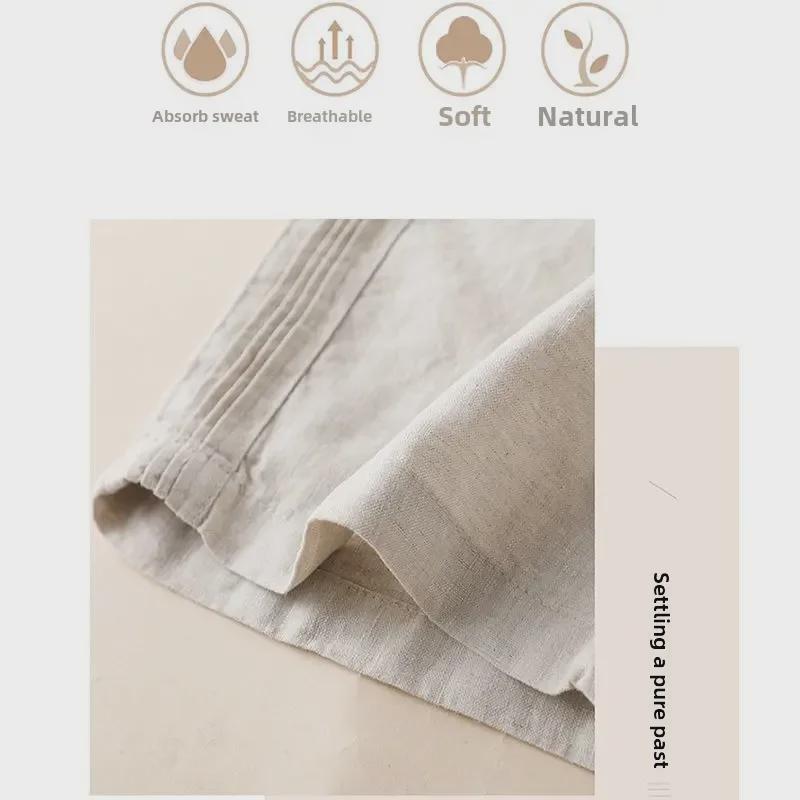 Damskie letnie spodnie z wysokim stanem z bawełny i lnu z szerokimi nogawkami i bocznymi zakładkami - casualowe spodnie z prostymi nogawkami w stylu koreańskim