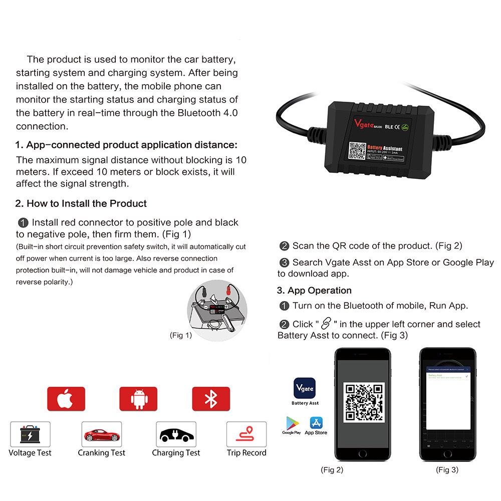 BA100 12V Bluetooth Auto-Batterietester & Monitor