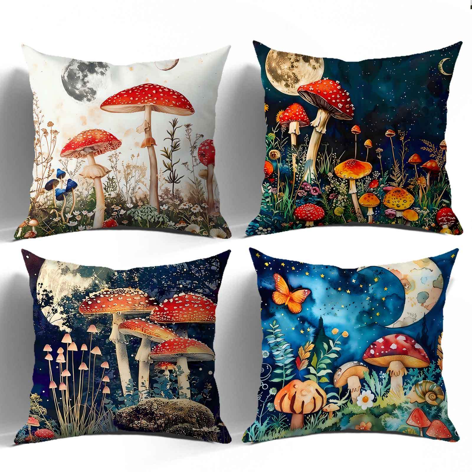 Maanlicht Bos Paddestoel Thema Print Kussenhoes Korte Pluche Geschikt voor Woonkamers Slaapkamers Banken Sierkussenhoes Peach skin 18*18(CM)-1Pcs