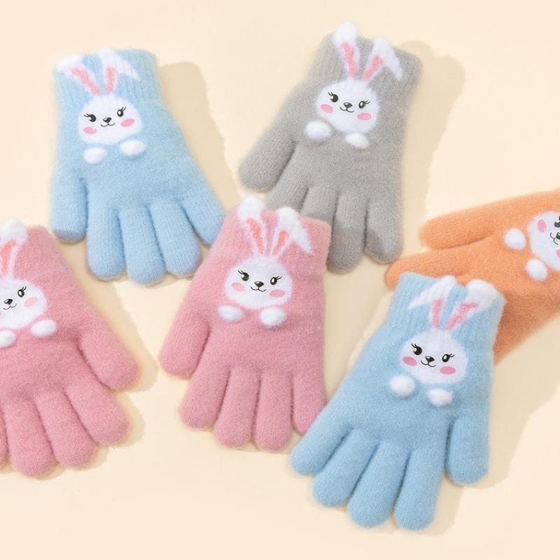 Kids Five Finger Rabbit Gloves Winter Warm Knitted Cute Cartoon Baby Girl Gloves For Cold Weather