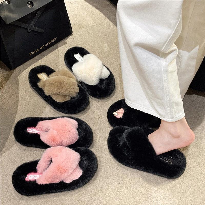 Rabbit fur cross thick bottom fluffy slippers increase height in autumn and winter household plush fluffy drag women wear women