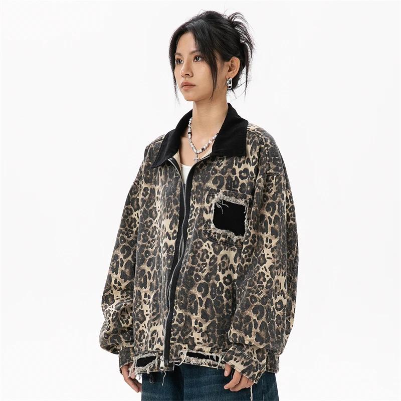Women's Vintage Short Windbreaker Jacket Autumn 2024 Luxury Brand Cotton Leopard Denim Jackets for Woman Women's Autumn Clothes